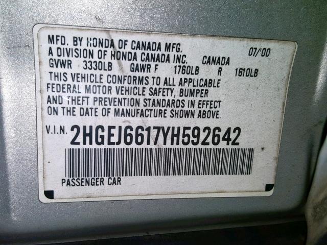 2HGEJ6617YH592642 - 2000 HONDA CIVIC BASE SILVER photo 10