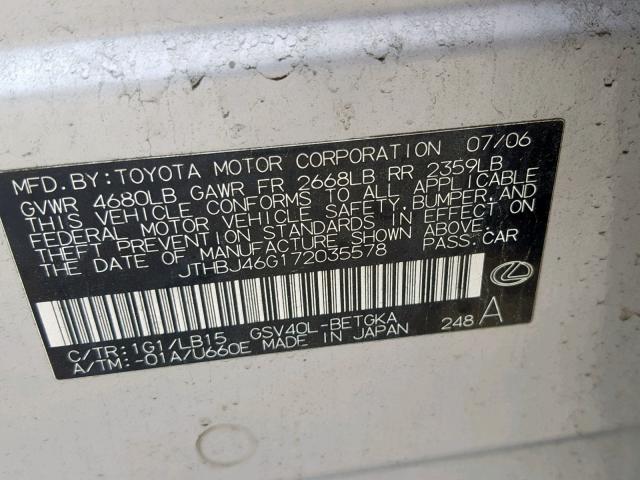 JTHBJ46G172035578 - 2007 LEXUS ES300 GRAY photo 10