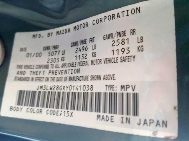 JM3LW28GXY0141038 - 2000 MAZDA MPV WAGON GREEN photo 10