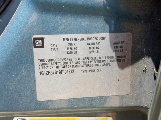 1G1ZH57B19F191273 - 2009 CHEVROLET MALIBU 1LT 绿色 照片 10