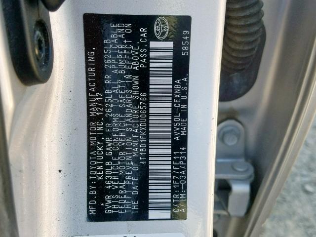 4T1BD1FKXDU065766 - 2013 TOYOTA CAMRY HYBR SILVER photo 10