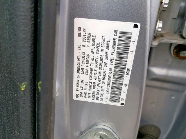 1HGCP26829A005520 - 2009 HONDA ACCORD EXL SILVER photo 10