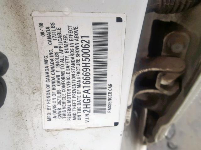 2HGFA16669H500621 - 2009 HONDA CIVIC LX-S Ağ foto 10