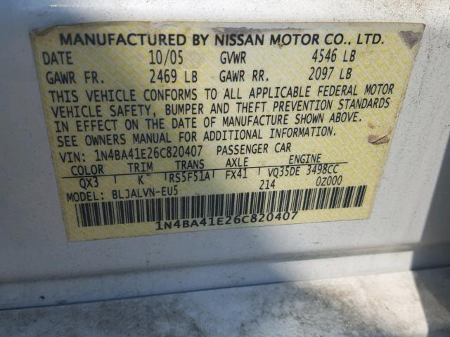 1N4BA41E26C820407 - 2006 NISSAN MAXIMA SE WHITE photo 10