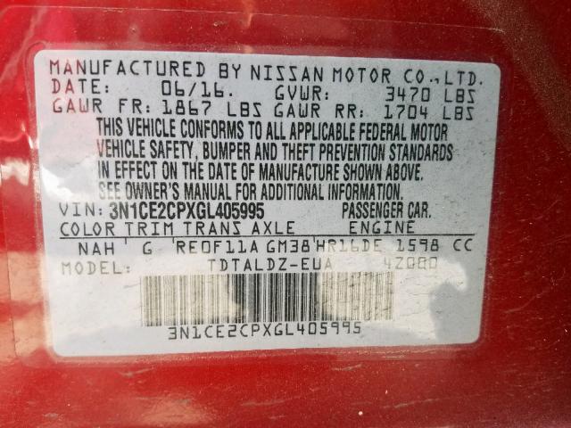 3N1CE2CPXGL405995 - 2016 NISSAN VERSA NOTE RED photo 10