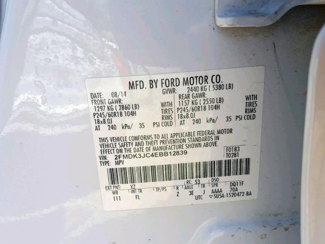 2FMDK3JC4EBB12839 - 2014 FORD EDGE SEL WHITE photo 10