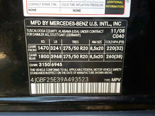 4JGBF25E39A493523 - 2009 MERCEDES-BENZ GL BLACK photo 10