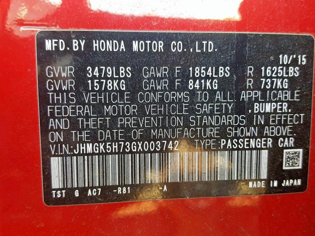 JHMGK5H73GX003742 - 2016 HONDA FIT EX RED photo 10