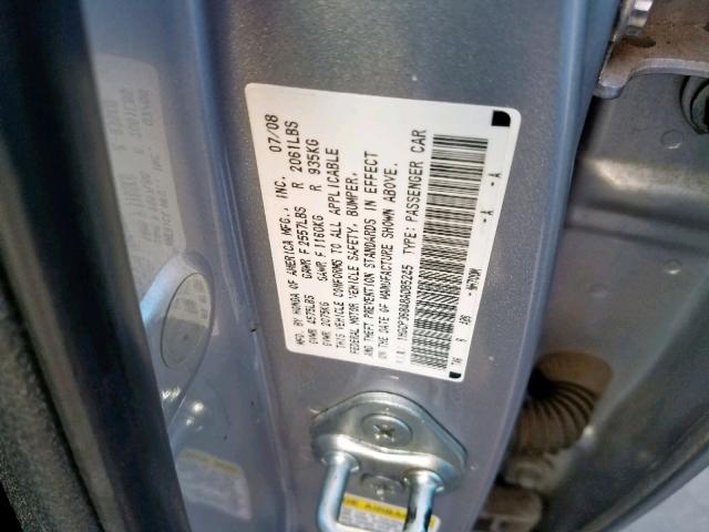 1HGCP36848A085245 - 2008 HONDA ACCORD EXL SILVER photo 10