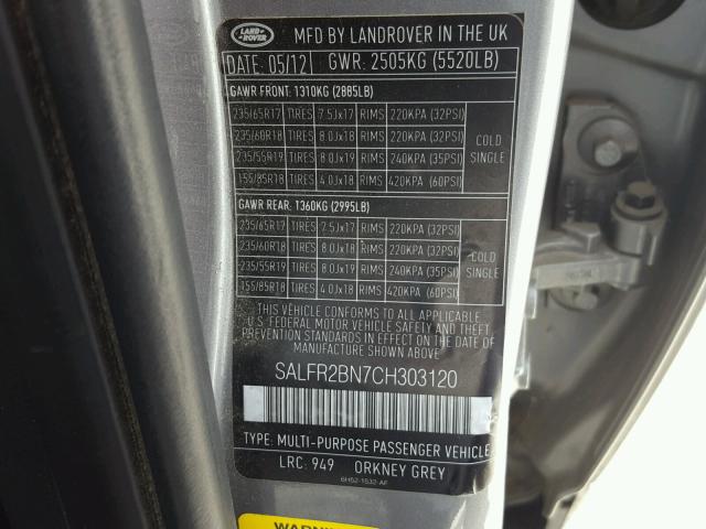 SALFR2BN7CH303120 - 2012 LAND ROVER LR2 HSE GRAY photo 10