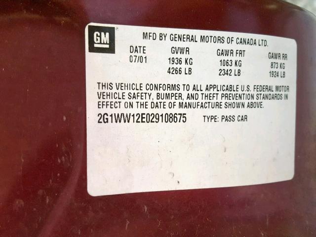 2G1WW12E029108675 - 2002 CHEVROLET MONTE CARL MAROON photo 10