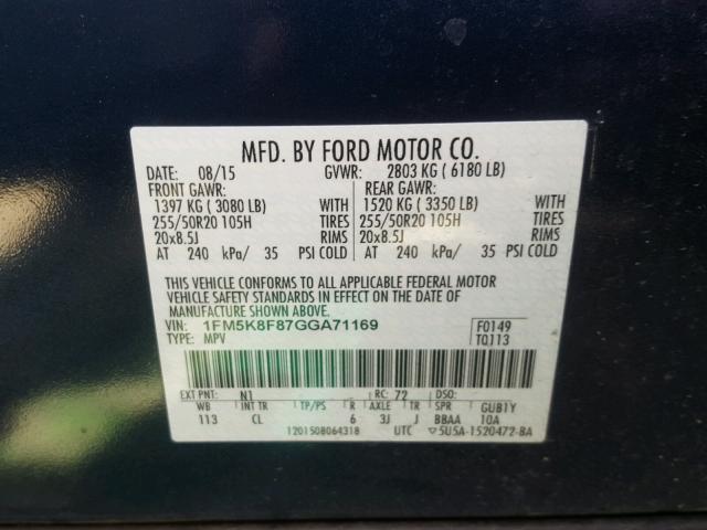 1FM5K8F87GGA71169 - 2016 FORD EXPLORER L BLUE photo 10