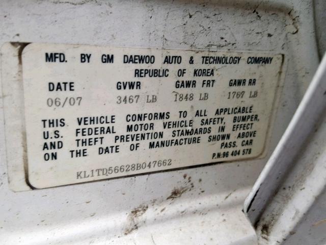 KL1TD56628B047662 - 2008 CHEVROLET AVEO BASE Ақ фото 10