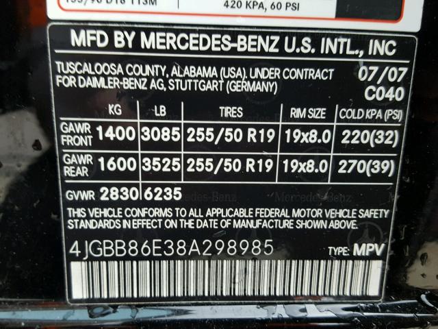 4JGBB86E38A298985 - 2008 MERCEDES-BENZ ML 350 BLACK photo 10