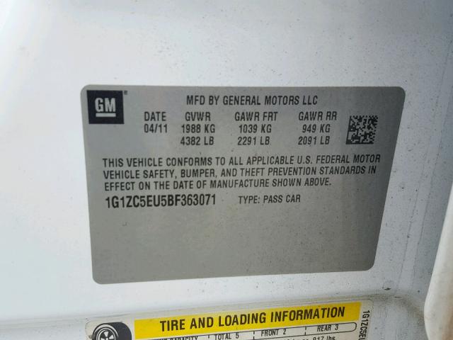 1G1ZC5EU5BF363071 - 2011 CHEVROLET MALIBU 1LT 白色 照片 10