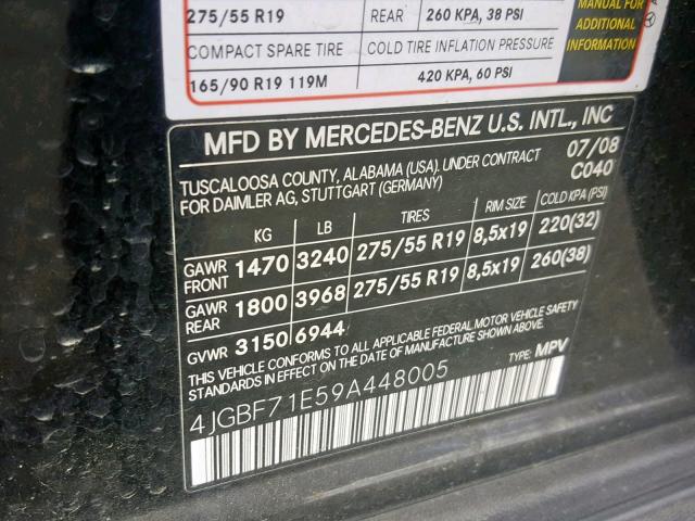 4JGBF71E59A448005 - 2009 MERCEDES-BENZ GL 450 4MA BLACK photo 10