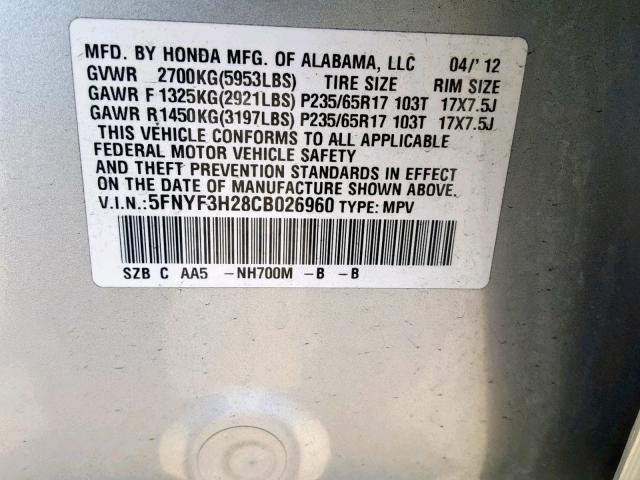 5FNYF3H28CB026960 - 2012 HONDA PILOT LX SILVER photo 10