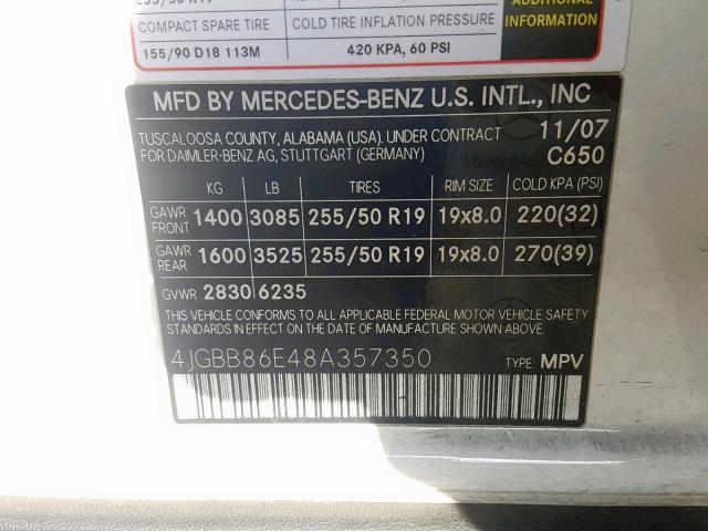 4JGBB86E48A357350 - 2008 MERCEDES-BENZ ML 350 WHITE photo 10