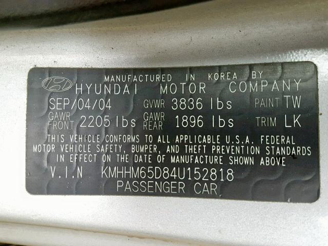 KMHHM65D84U152818 - 2004 HYUNDAI TIBURON SILVER photo 10