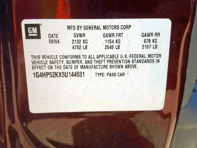 1G4HP52KX5U144631 - 2005 BUICK LESABRE CU BURGUNDY photo 10