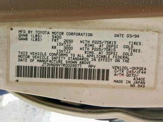 JT3VN29V7R0029577 - 1994 TOYOTA 4RUNNER VN WHITE photo 10