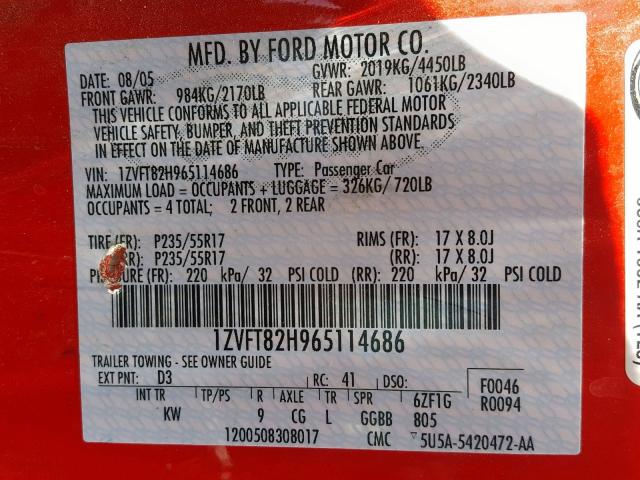 1ZVFT82H965114686 - 2006 FORD MUSTANG GT RED photo 10
