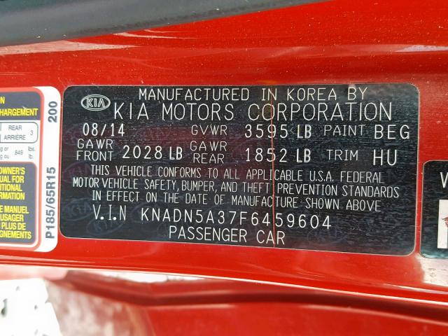 KNADN5A37F6459604 - 2015 KIA RIO EX RED photo 10