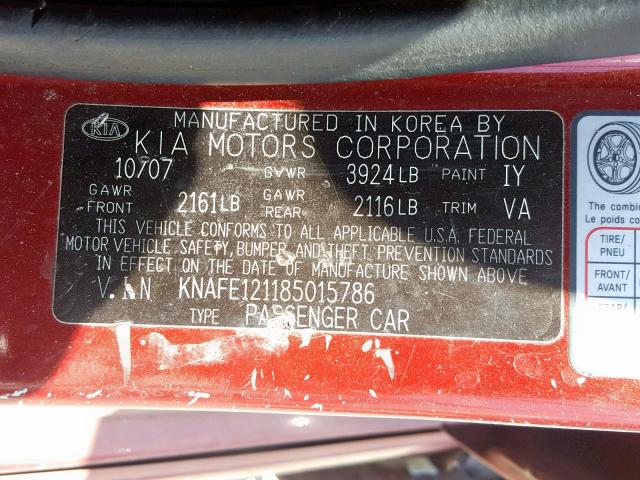 KNAFE121185015786 - 2008 KIA SPECTRA EX RED photo 10