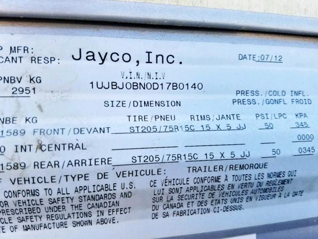 1UJBJ0BN0D17B0140 - 2013 JAYCO JAYFLIGHT  WHITE photo 10