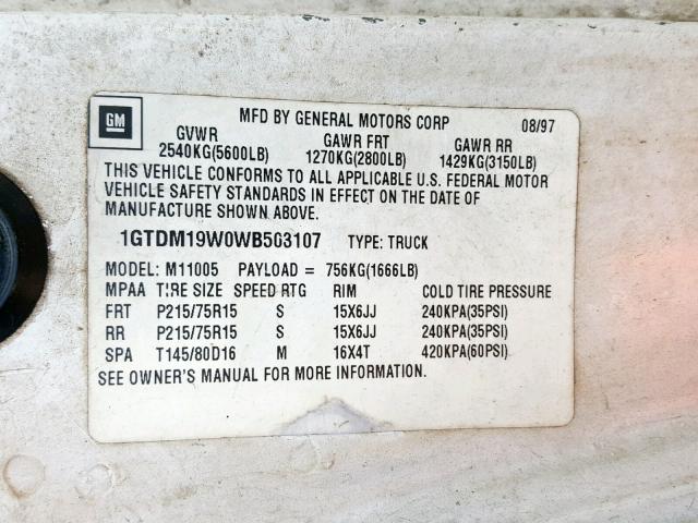 1GTDM19W0WB503107 - 1998 GMC SAFARI XT WHITE photo 10