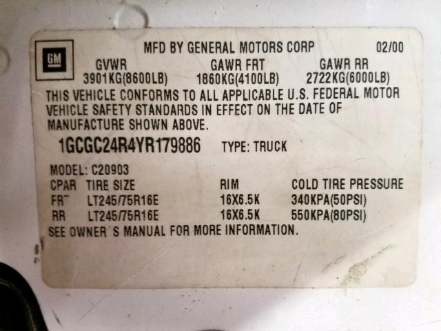 1GCGC24R4YR179886 - 2000 CHEVROLET GMT-400 C2 WHITE photo 10