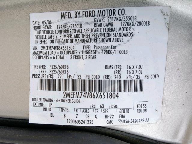 2MEFM74V86X651804 - 2006 MERCURY GRAND MARQ SILVER photo 10