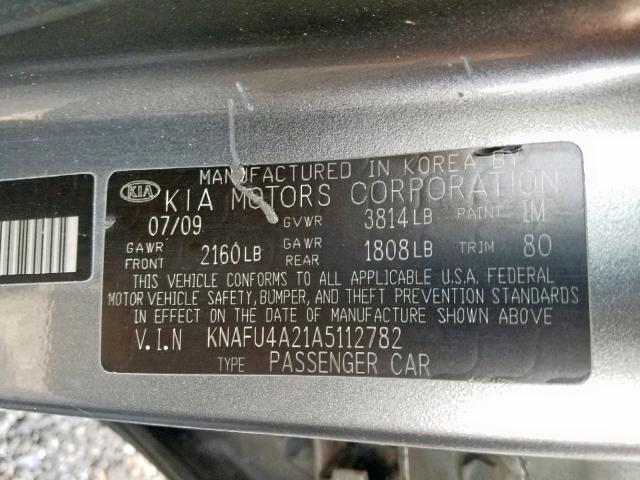 KNAFU4A21A5112782 - 2010 KIA FORTE EX GRAY photo 10