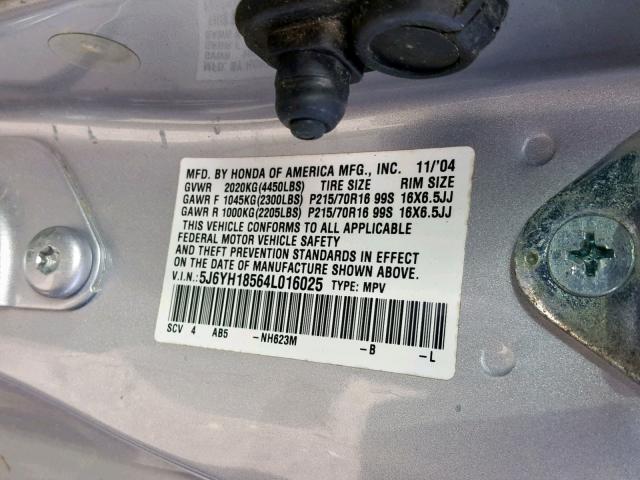 5J6YH18564L016025 - 2004 HONDA ELEMENT EX SILVER photo 10