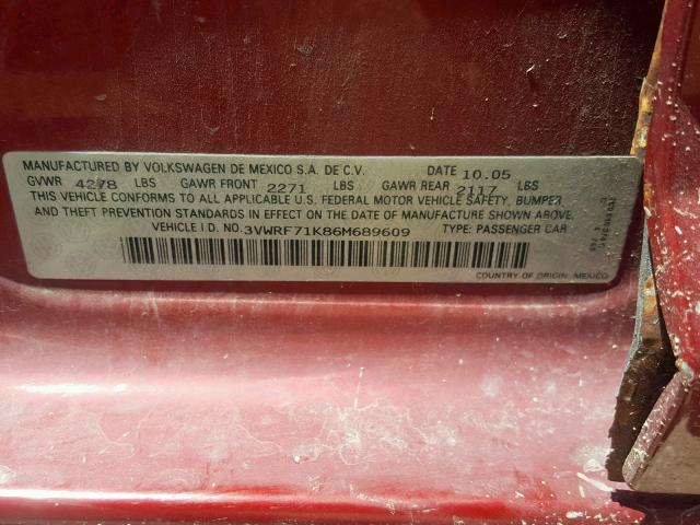 3VWRF71K86M689609 - 2006 VOLKSWAGEN JETTA 2.5 RED photo 10