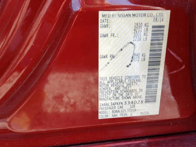 1N4AL3APXFN334028 - 2015 NISSAN ALTIMA 2.5 RED photo 10