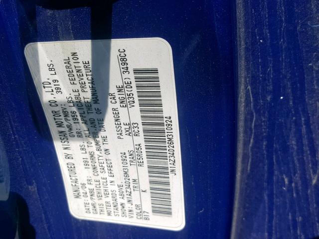 JN1AZ34D26M310924 - 2006 NISSAN 350Z COUPE BLUE photo 10