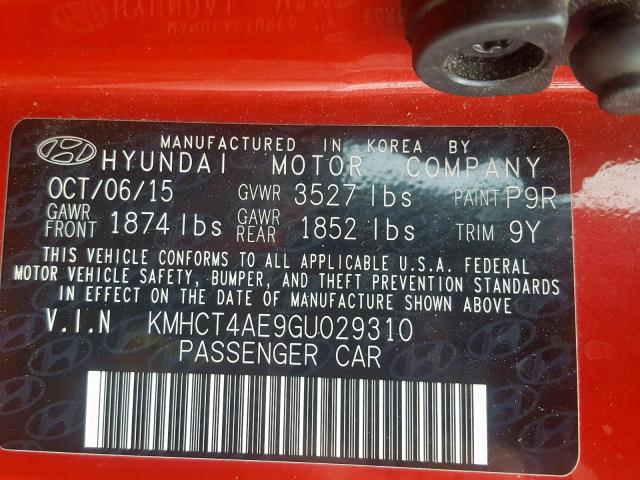 KMHCT4AE9GU029310 - 2016 HYUNDAI ACCENT SE RED photo 10