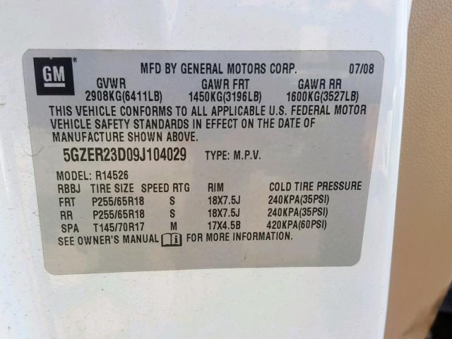 5GZER23D09J104029 - 2009 SATURN OUTLOOK XR თეთრი ფოტო 10