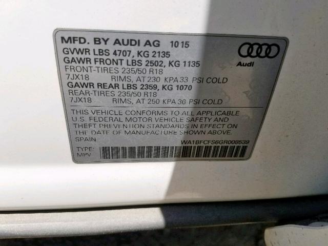 WA1BFCFS6GR008539 - 2016 AUDI Q3 PREMIUM WHITE photo 10