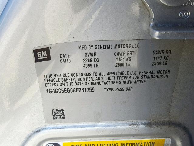 1G4GC5EG0AF261759 - 2010 BUICK LACROSSE C SILVER photo 10