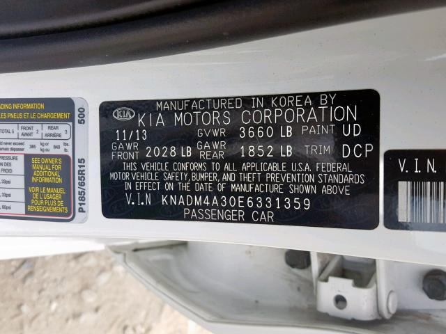 KNADM4A30E6331359 - 2014 KIA RIO LX WHITE photo 10