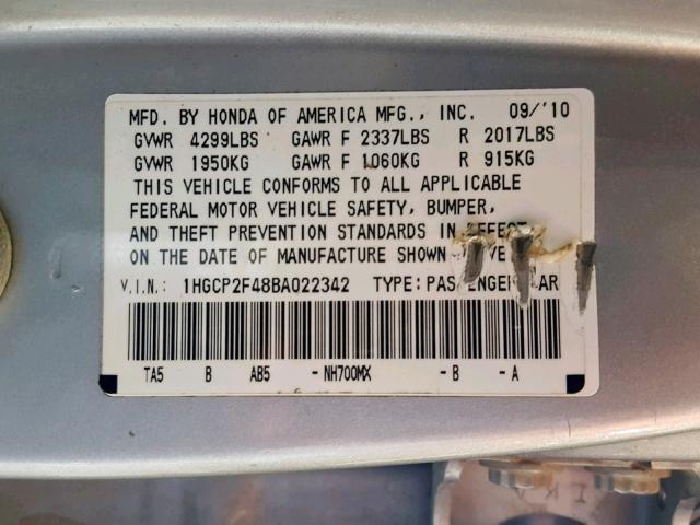 1HGCP2F48BA022342 - 2011 HONDA ACCORD LXP SILVER photo 10