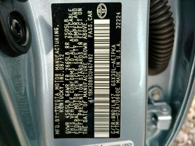 4T1BK3DB8CU467482 - 2012 TOYOTA AVALON BAS ლურჯი ფოტო 10