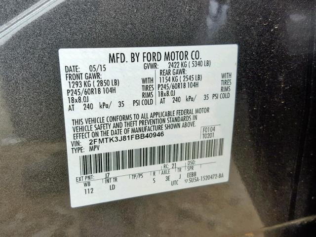 2FMTK3J81FBB40946 - 2015 FORD EDGE SEL GRAY photo 10