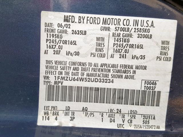 1FMZU64W52UD33234 - 2002 FORD EXPLORER E BLUE photo 10