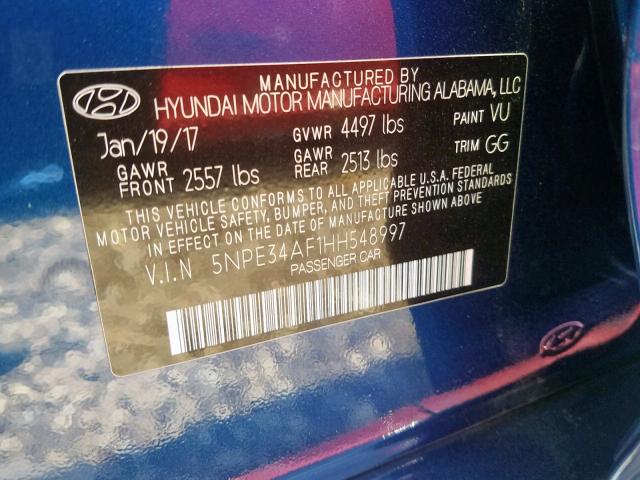 5NPE34AF1HH548997 - 2017 HYUNDAI SONATA SPO BLUE photo 10