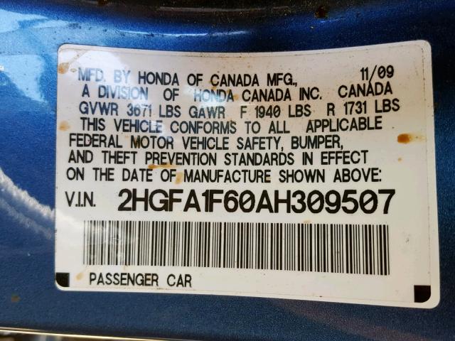 2HGFA1F60AH309507 - 2010 HONDA CIVIC LX-S Mavi foto 10