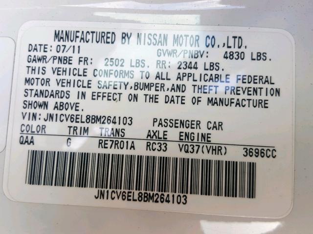 JN1CV6EL8BM264103 - 2011 INFINITI G37 WHITE photo 10