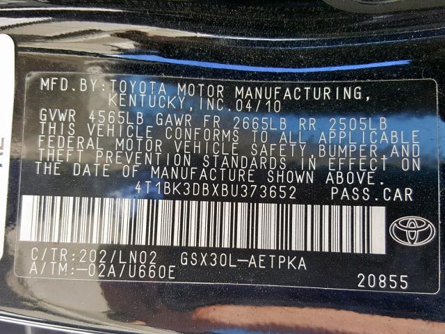 4T1BK3DBXBU373652 - 2011 TOYOTA AVALON BAS BLACK photo 10